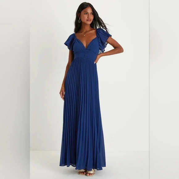 Lulus Ideal Occasion Blue Pleated Flutter Sleeve Backless Maxi Dress M Party - Picture 2 of 11